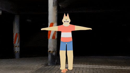 a cartoon drawing of a man in a red shirt standing in front of a huge explosion