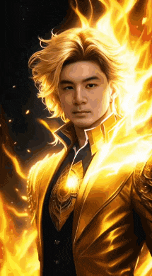 a man with long blonde hair is wearing a gold jacket and tie .