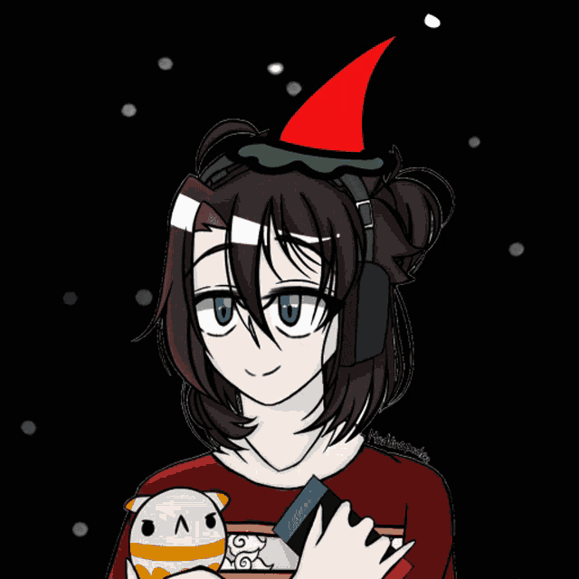 a drawing of a girl wearing a christmas hat and headphones