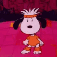 snoopy is wearing an orange shirt and orange pants