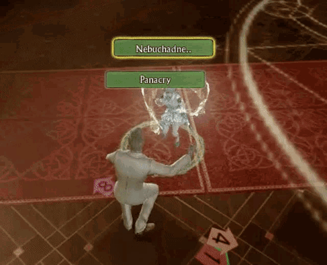 a man in a white suit is standing in front of a screen that says nebuchadne panacry