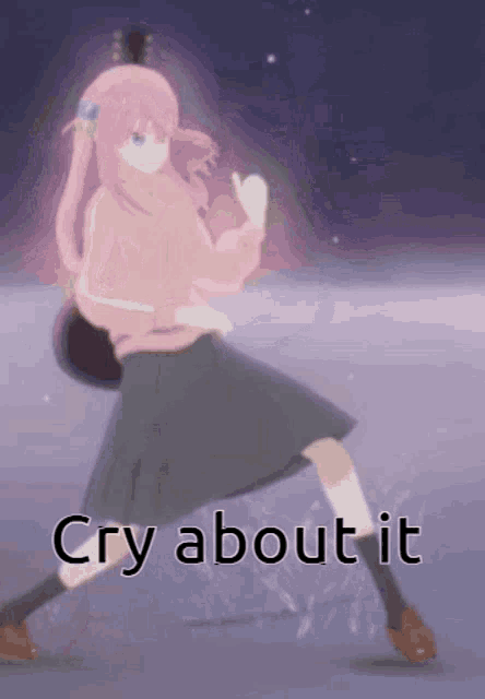 a girl in a pink sweater and black skirt is dancing with the words cry about it below her