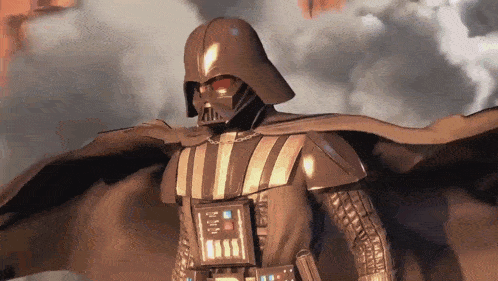 darth vader is wearing a cape and a helmet with the word boss on it