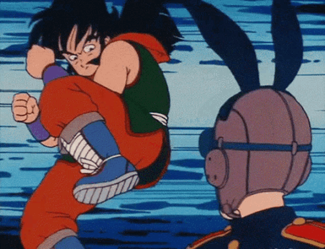 a cartoon of a boy kicking a rabbit in the face