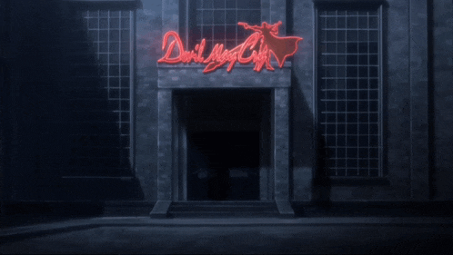 devil may cry is displayed on a neon sign outside of a building