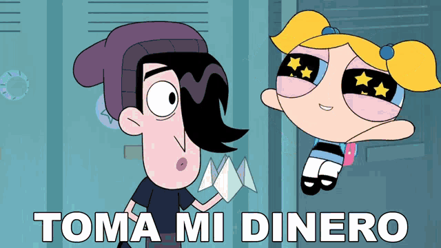 a cartoon of a boy and a girl with the words toma mi dinero written below them