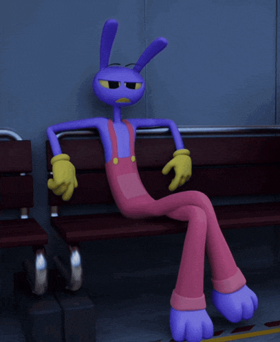a purple cartoon character in a maid outfit is sitting on a bench