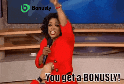 a woman in a red dress is holding a microphone in front of a screen that says bonusly