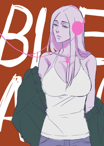 a drawing of a woman wearing headphones and a jacket with the word bleach behind her