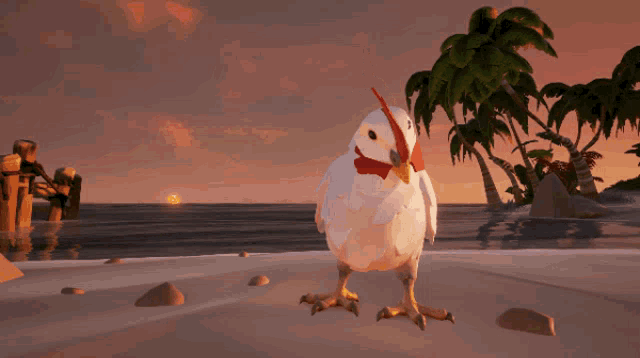 a white bird with a red beak is standing on a sandy beach