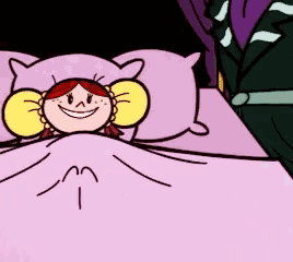 a cartoon girl is smiling while laying in a bed with a purple blanket
