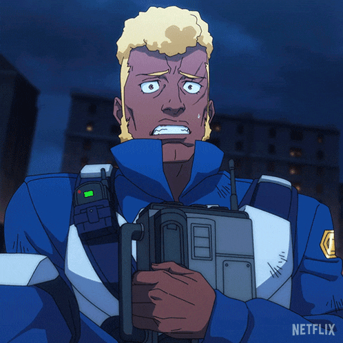 a man in a blue and white uniform is holding a remote control with a netflix logo in the corner