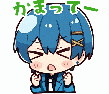 a cartoon drawing of a boy with blue hair and a foreign language written on the bottom