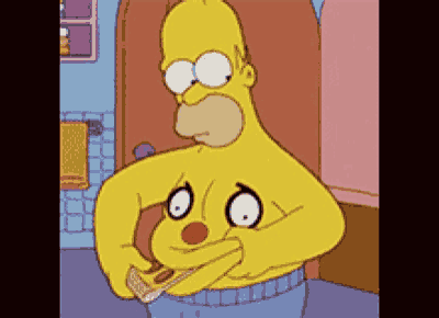 homer simpson from the simpsons is holding a piece of bread in his mouth .
