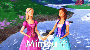 two barbie dolls are holding hands in front of a river and the name mimiyu is on the bottom right