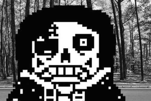 a black and white pixel art of a skeleton in front of a forest