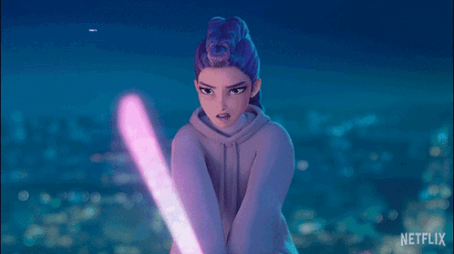 a poster for netflix shows a girl holding a pink light saber