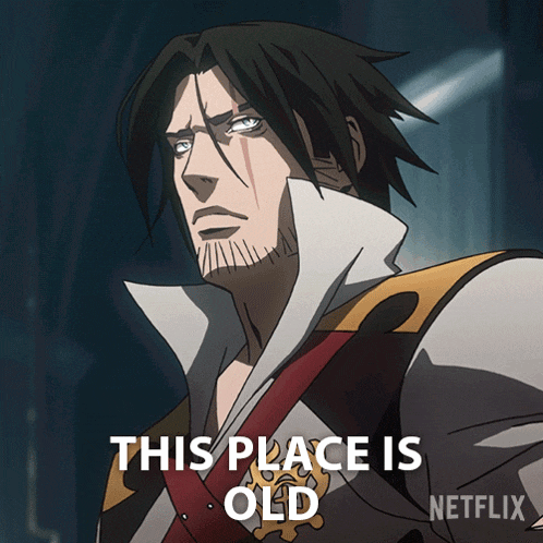 a cartoon of a man with the words " this place is old " below him