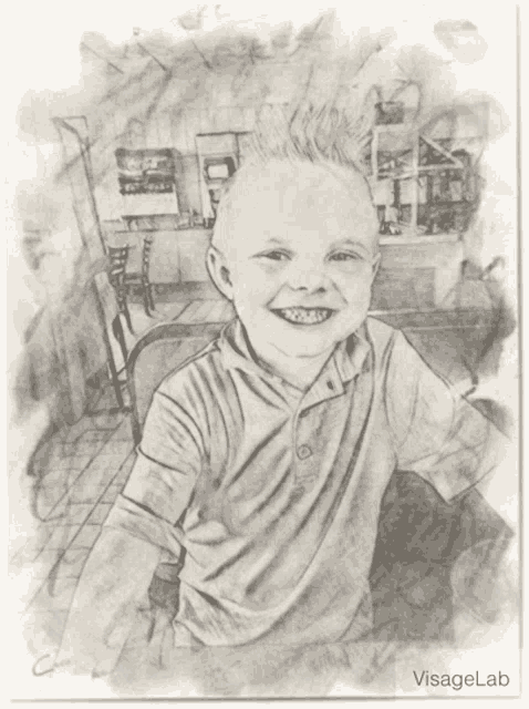 a black and white drawing of a young boy with the words visagelab on the bottom right