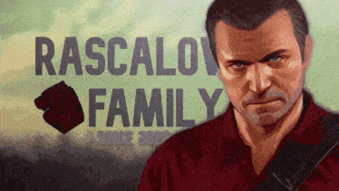 a man in a red shirt is standing in front of a sign that says " rascalov family "