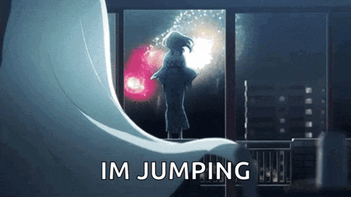 a picture of a woman standing in front of a window with the words im jumping below it