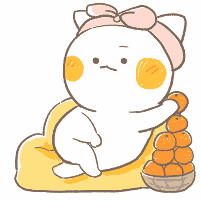 a cartoon drawing of a cat with a basket of oranges