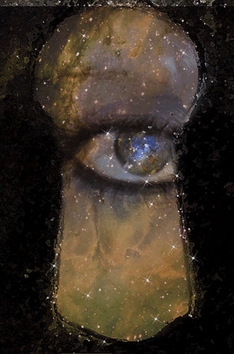a painting of an eye looking through a keyhole with a galaxy behind it