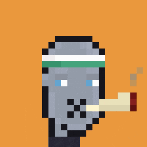 a pixel art drawing of a skull with a headband on smoking a cigarette