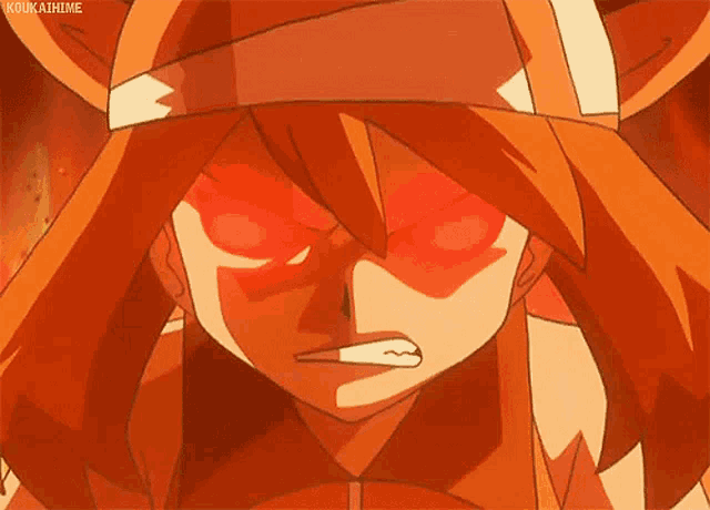 a close up of a cartoon character 's face with red eyes and the watermark koukaihime