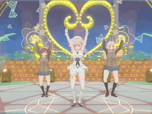 three anime girls are dancing in front of a heart shaped display