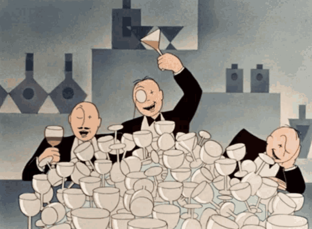 a cartoon of three men sitting at a table with wine glasses on it