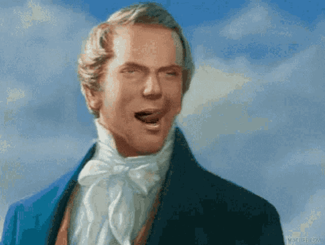 a man in a blue suit is making a face with his mouth open