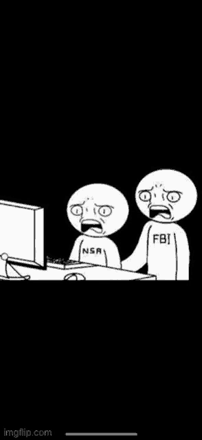 two cartoon characters are looking at a computer screen . one of the characters is wearing a fbi shirt .