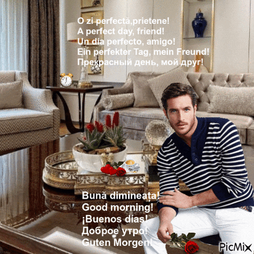 a man in a striped shirt sits on the floor in a living room with a good morning message