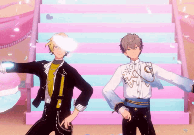 two anime characters are dancing in front of a pink and blue striped wall