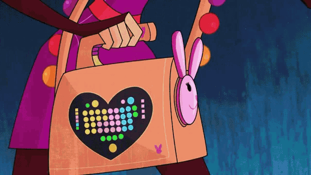 a cartoon drawing of a person holding a purse with a heart and a bunny on it