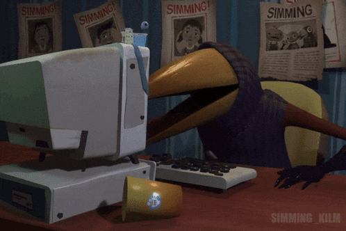 a cartoon character is sitting at a desk with a computer and a cup and a newspaper that says simming on it
