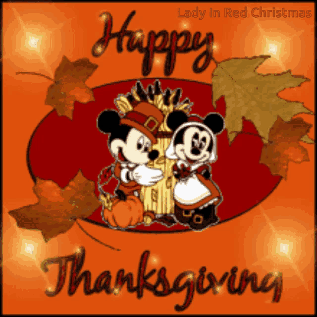 a picture of mickey mouse and minnie mouse wishing you a happy thanksgiving