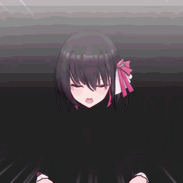 a girl with black hair and a red bow on her hair