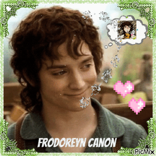 a picture of frodoreyn canon with hearts and a thought bubble