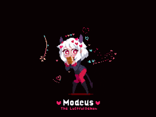 a pixel art of a girl with horns and the name modeus