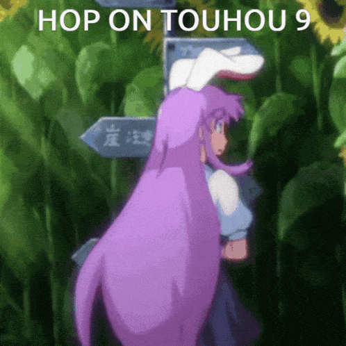 a girl with purple hair and white bunny ears is standing in front of a sign that says hop on touhou 9