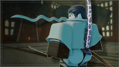a cartoon character holding a sword with a purple stripe