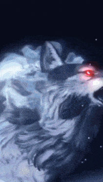 a painting of a wolf 's head with a red eye