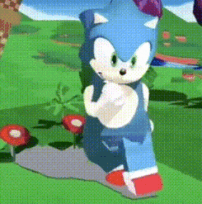 a cartoon of sonic the hedgehog is standing in a grassy field
