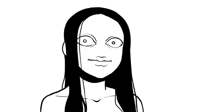 a black and white drawing of a woman with long hair laughing and saying hi .