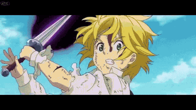 a yellow haired anime character is holding a sword in his hand