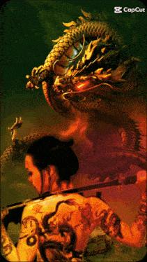 a painting of a woman holding a sword with a dragon in the background and the words capcut at the bottom