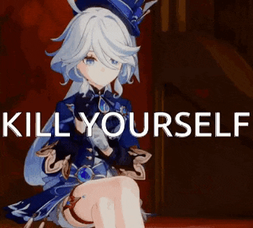 a girl is sitting on a chair with the words `` kill yourself '' written on the bottom .