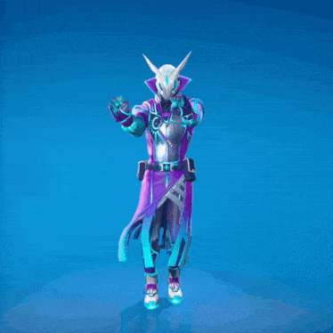 a person in a purple and white outfit is dancing with their hands in the air